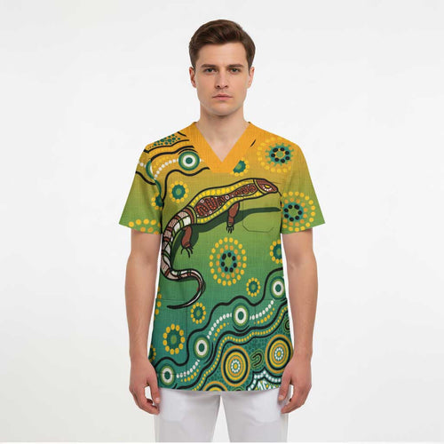 Goanna Aboriginal-style Dot Artwork Scrub Top - Aussie Hoodie