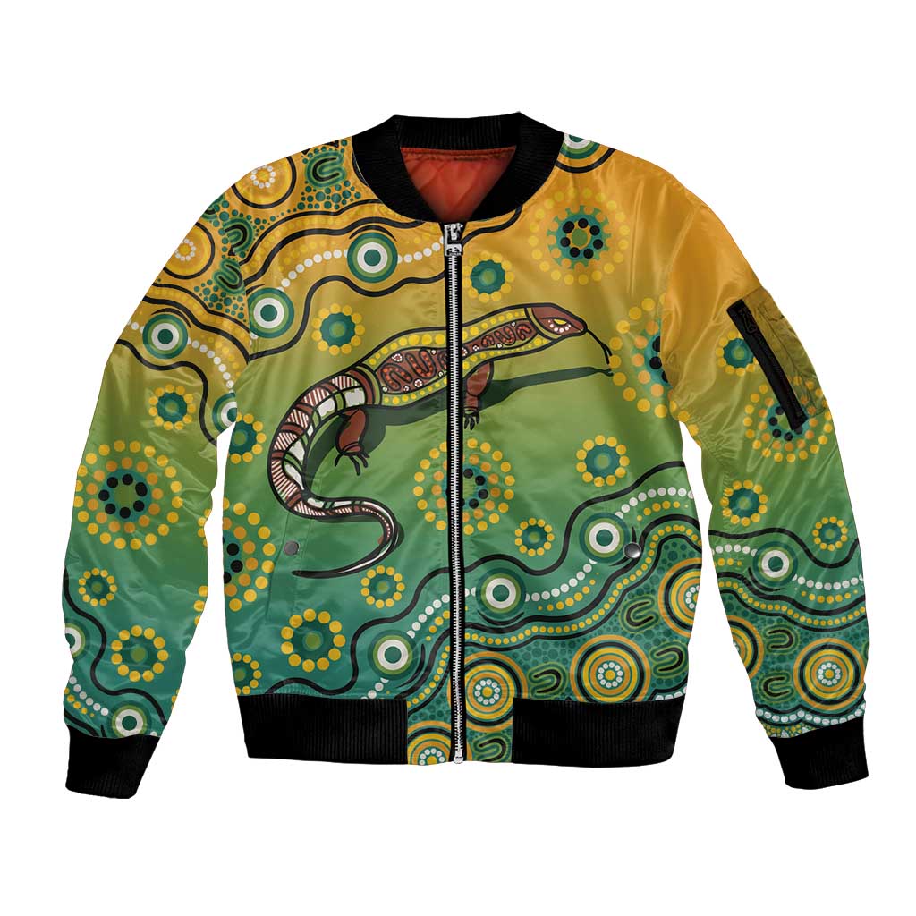 Goanna Aboriginal-style Dot Artwork Sleeve Zip Bomber Jacket