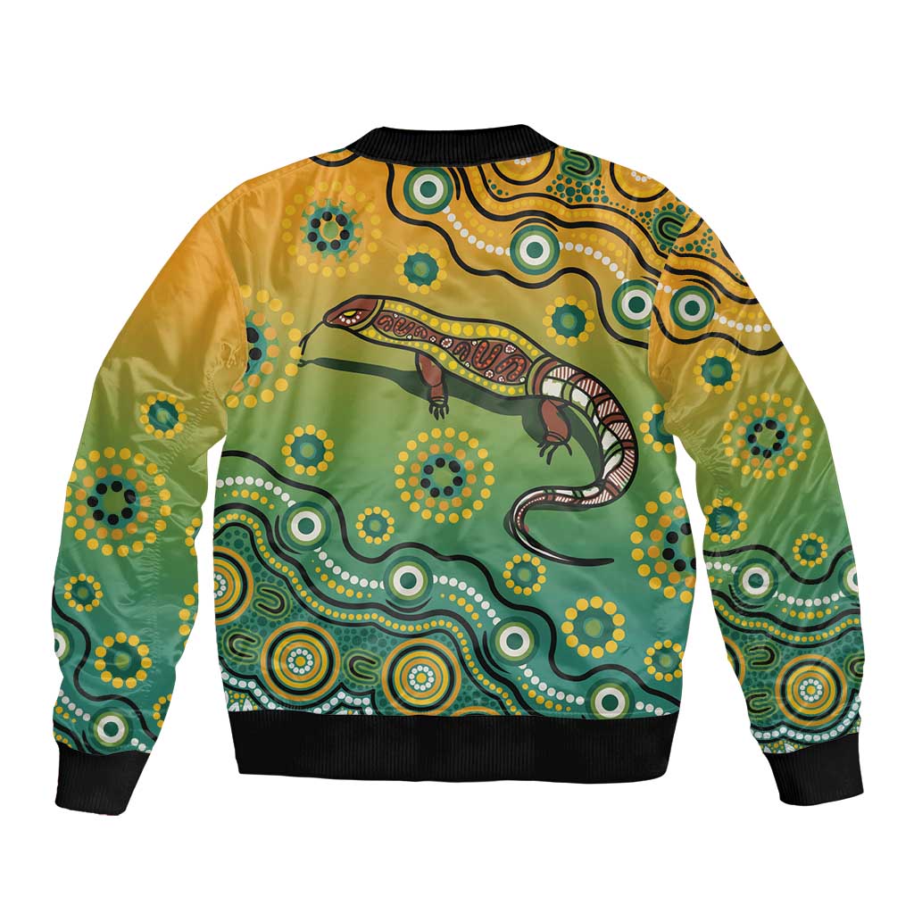 Goanna Aboriginal-style Dot Artwork Sleeve Zip Bomber Jacket