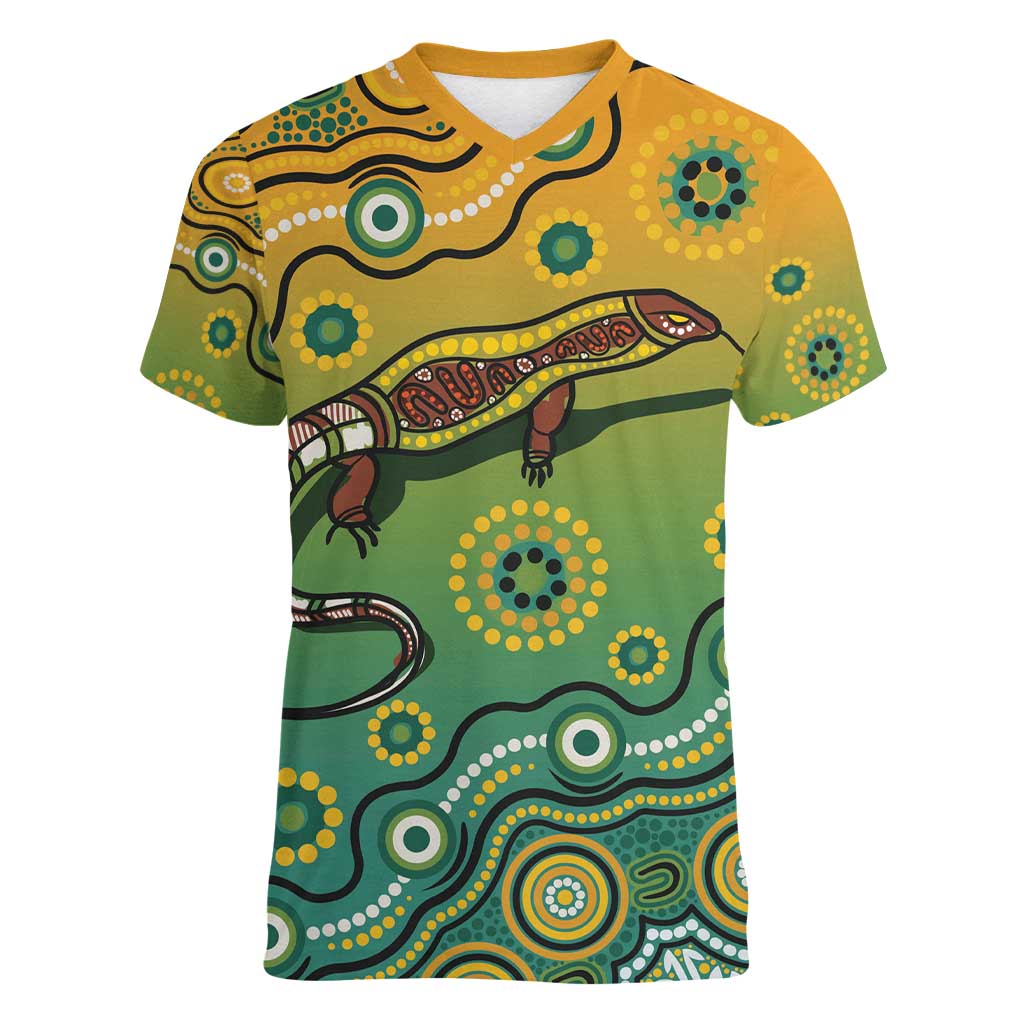 Goanna Aboriginal-style Dot Artwork Women V-Neck T-Shirt
