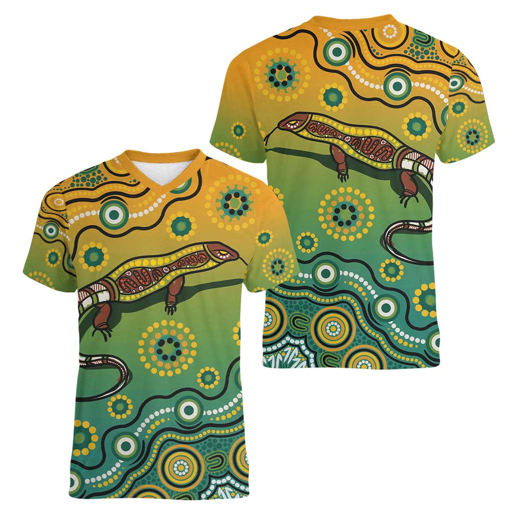 Goanna Aboriginal-style Dot Artwork Women V-Neck T-Shirt