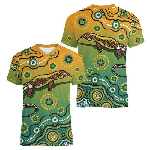 Goanna Aboriginal-style Dot Artwork Women V-Neck T-Shirt