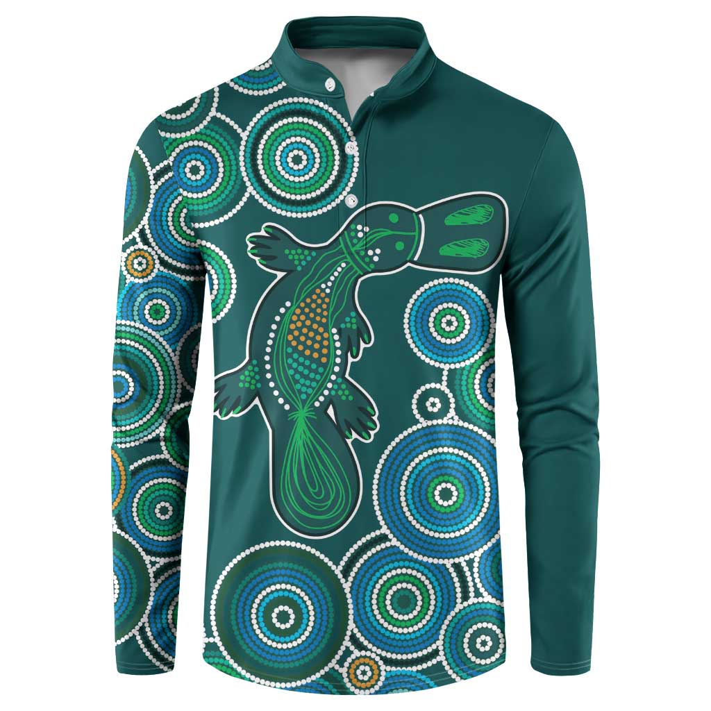 Green Platypus Aboriginal Art Button Sweatshirt