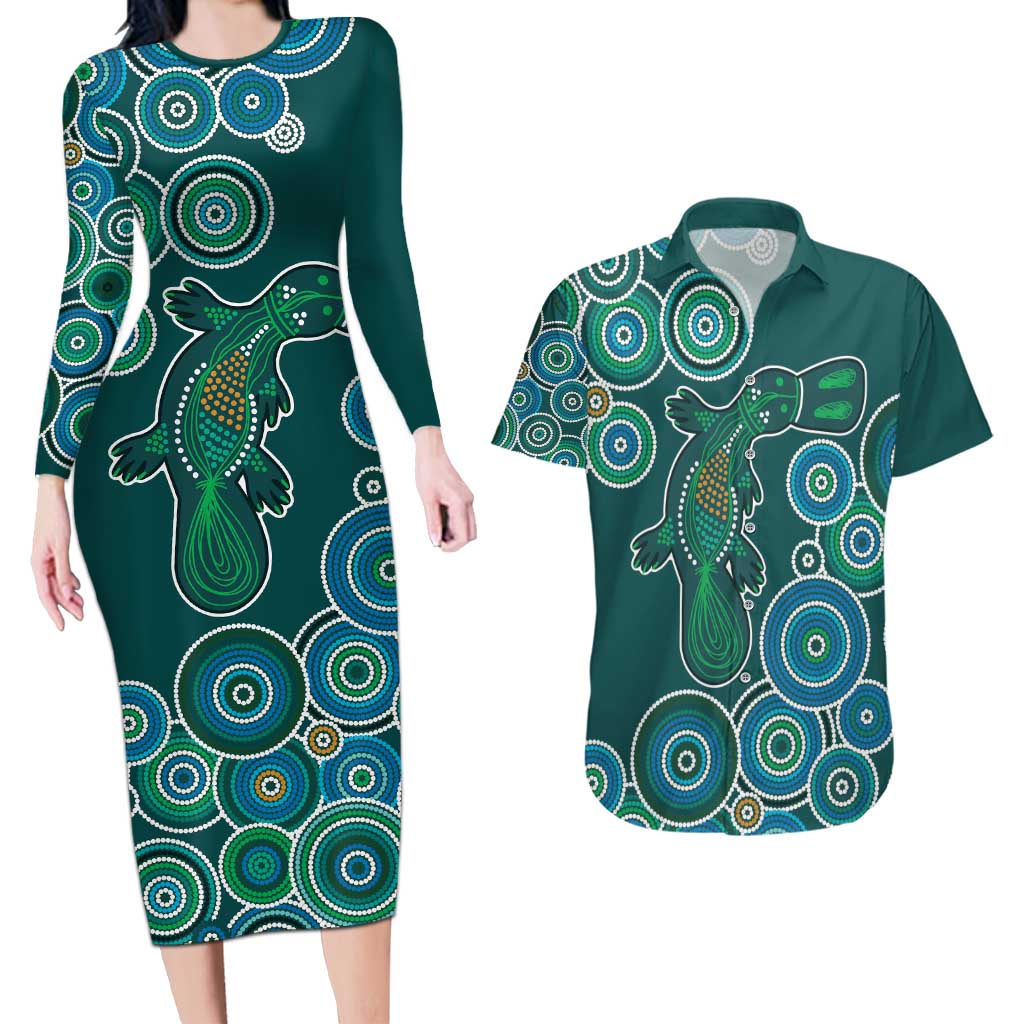 Green Platypus Aboriginal Art Couples Matching Long Sleeve Bodycon Dress and Hawaiian Shirt