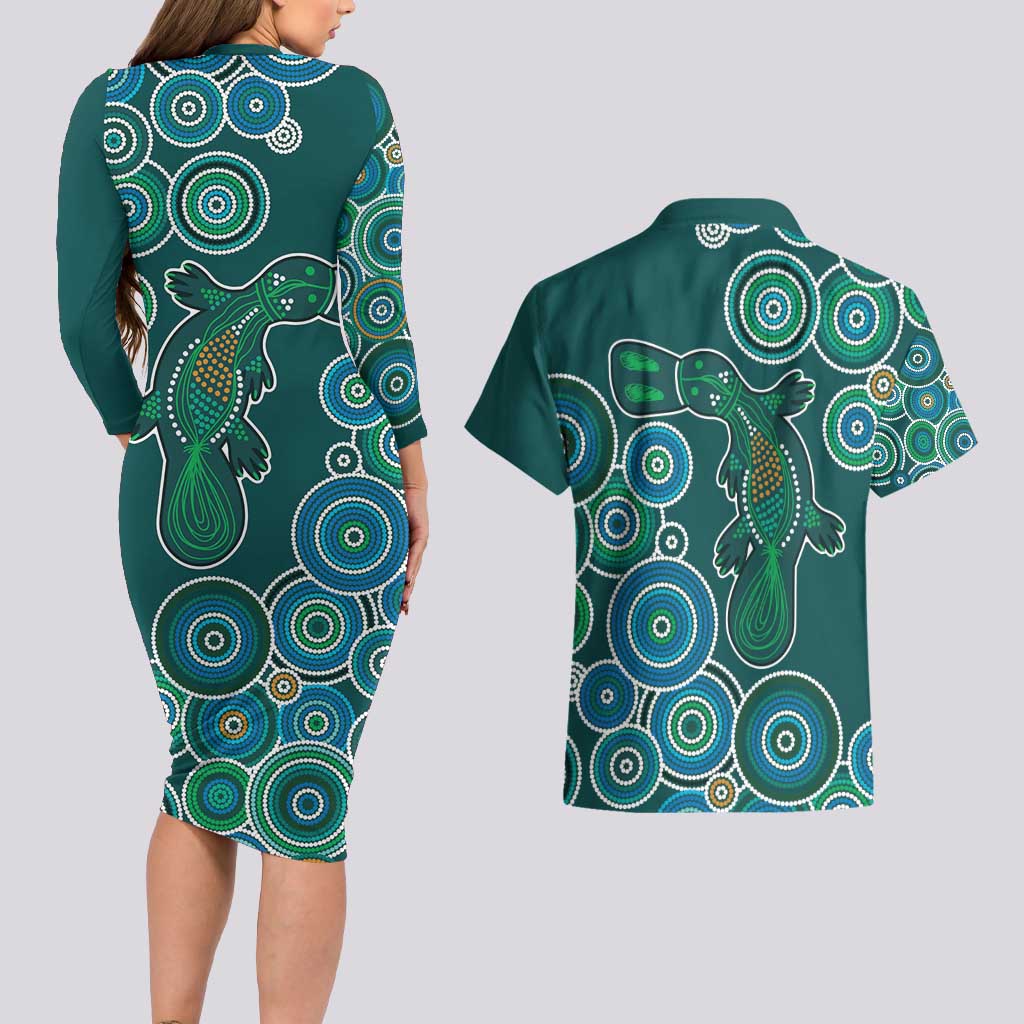 Green Platypus Aboriginal Art Couples Matching Long Sleeve Bodycon Dress and Hawaiian Shirt