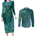 Green Platypus Aboriginal Art Couples Matching Long Sleeve Bodycon Dress and Long Sleeve Button Shirt