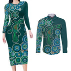 Green Platypus Aboriginal Art Couples Matching Long Sleeve Bodycon Dress and Long Sleeve Button Shirt