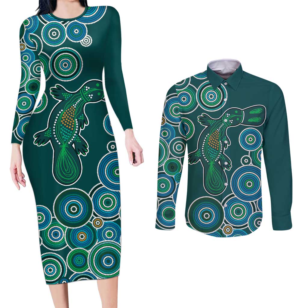 Green Platypus Aboriginal Art Couples Matching Long Sleeve Bodycon Dress and Long Sleeve Button Shirt