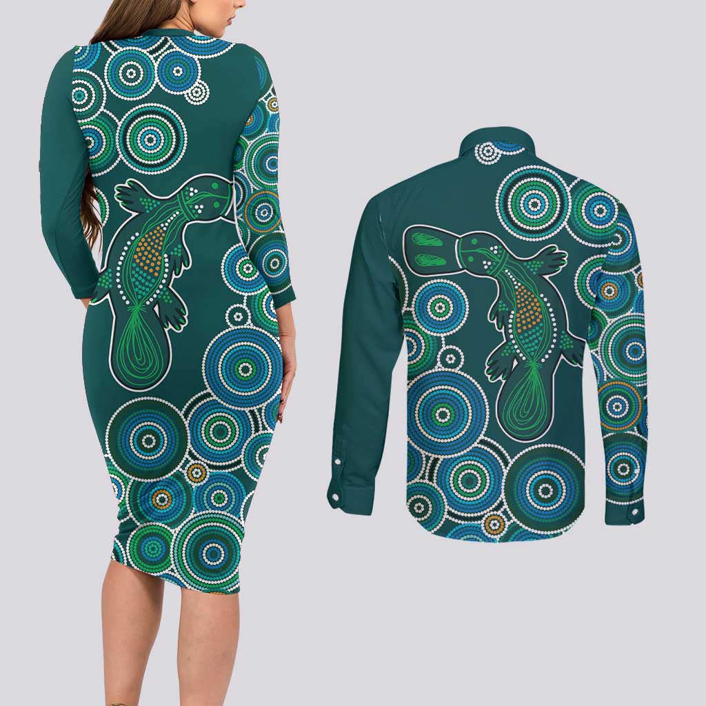 Green Platypus Aboriginal Art Couples Matching Long Sleeve Bodycon Dress and Long Sleeve Button Shirt