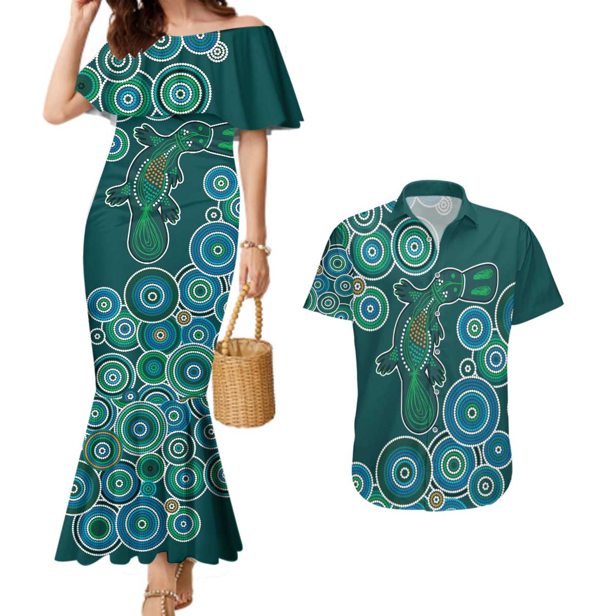 Green Platypus Aboriginal Art Couples Matching Mermaid Dress and Hawaiian Shirt
