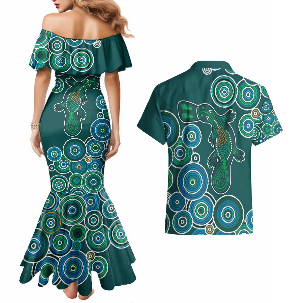 Green Platypus Aboriginal Art Couples Matching Mermaid Dress and Hawaiian Shirt