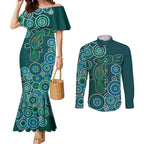 Green Platypus Aboriginal Art Couples Matching Mermaid Dress and Long Sleeve Button Shirt