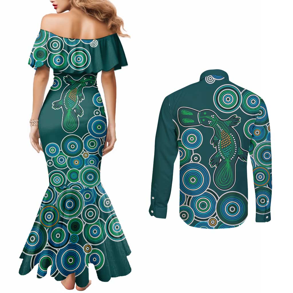 Green Platypus Aboriginal Art Couples Matching Mermaid Dress and Long Sleeve Button Shirt