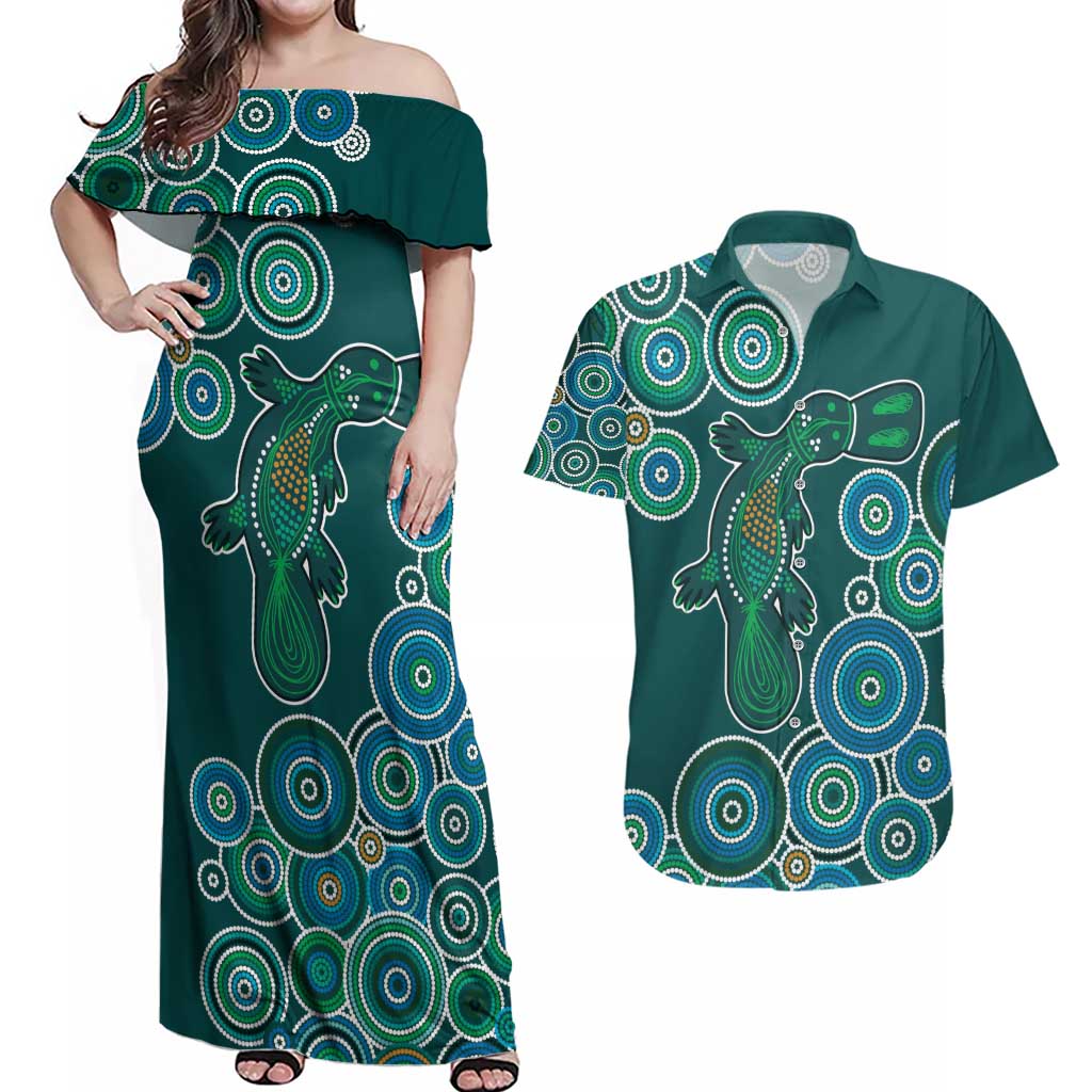 Green Platypus Aboriginal Art Couples Matching Off Shoulder Maxi Dress and Hawaiian Shirt