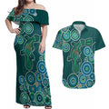Green Platypus Aboriginal Art Couples Matching Off Shoulder Maxi Dress and Hawaiian Shirt