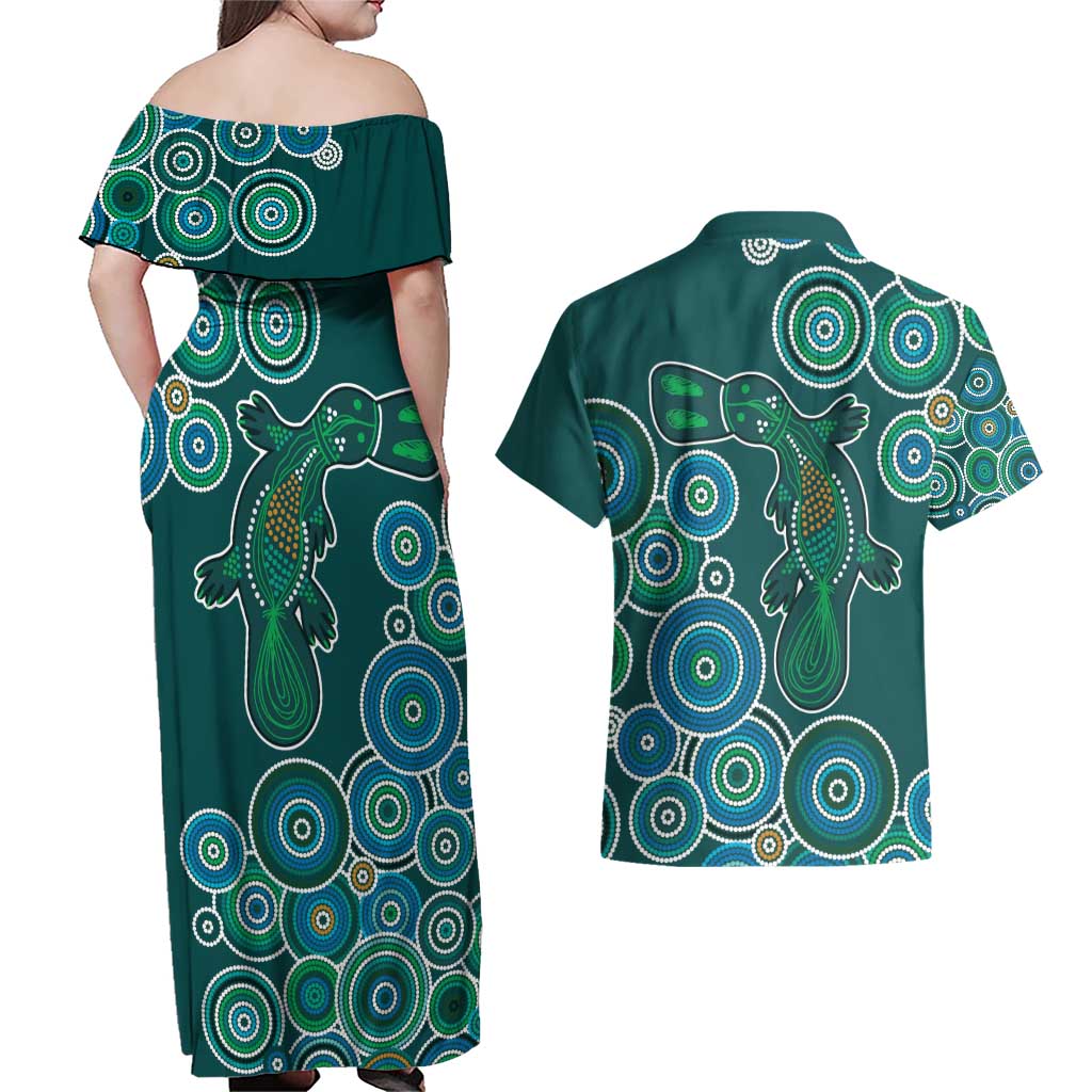 Green Platypus Aboriginal Art Couples Matching Off Shoulder Maxi Dress and Hawaiian Shirt