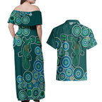 Green Platypus Aboriginal Art Couples Matching Off Shoulder Maxi Dress and Hawaiian Shirt
