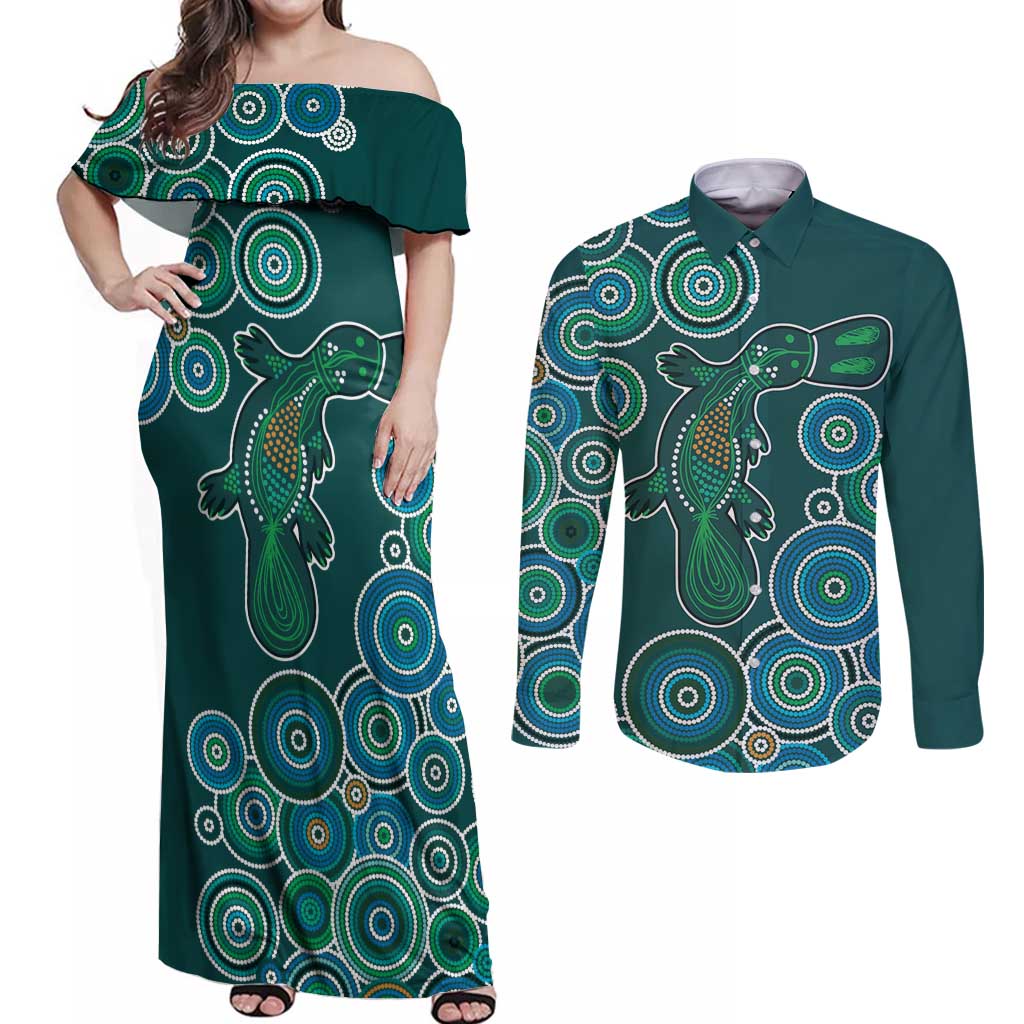 Green Platypus Aboriginal Art Couples Matching Off Shoulder Maxi Dress and Long Sleeve Button Shirt
