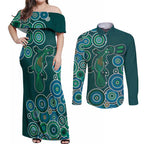 Green Platypus Aboriginal Art Couples Matching Off Shoulder Maxi Dress and Long Sleeve Button Shirt
