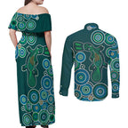 Green Platypus Aboriginal Art Couples Matching Off Shoulder Maxi Dress and Long Sleeve Button Shirt