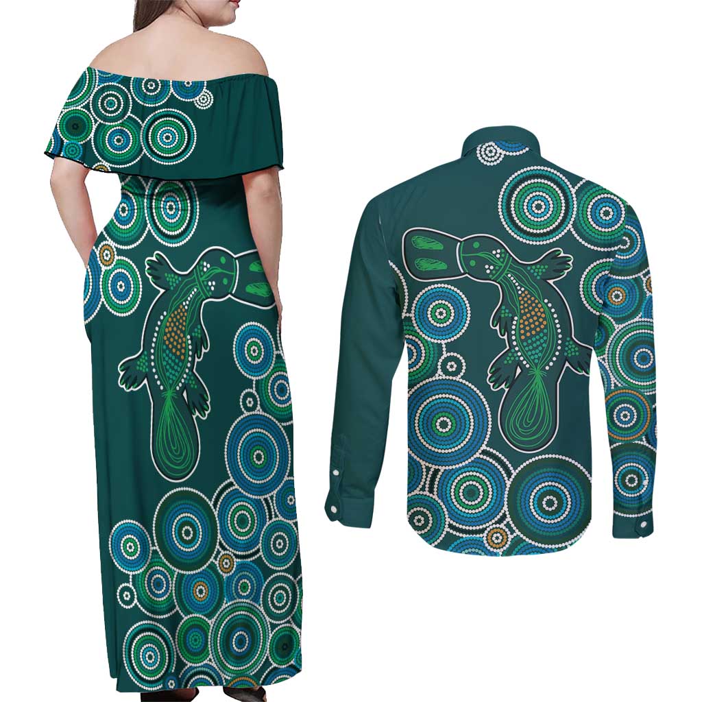 Green Platypus Aboriginal Art Couples Matching Off Shoulder Maxi Dress and Long Sleeve Button Shirt