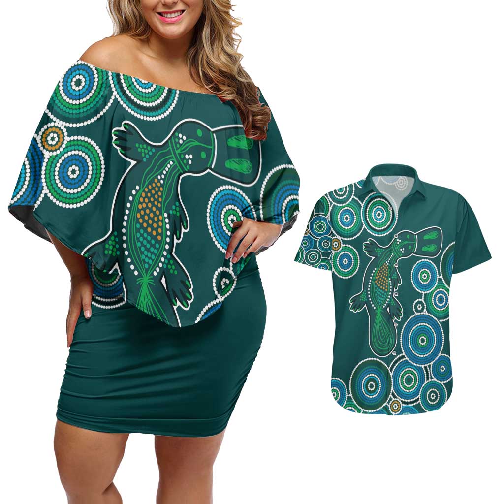 Green Platypus Aboriginal Art Couples Matching Off Shoulder Short Dress and Hawaiian Shirt