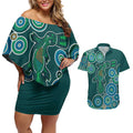 Green Platypus Aboriginal Art Couples Matching Off Shoulder Short Dress and Hawaiian Shirt