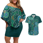Green Platypus Aboriginal Art Couples Matching Off Shoulder Short Dress and Hawaiian Shirt