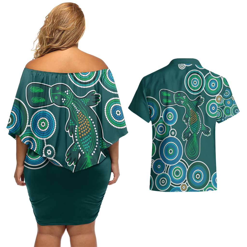 Green Platypus Aboriginal Art Couples Matching Off Shoulder Short Dress and Hawaiian Shirt