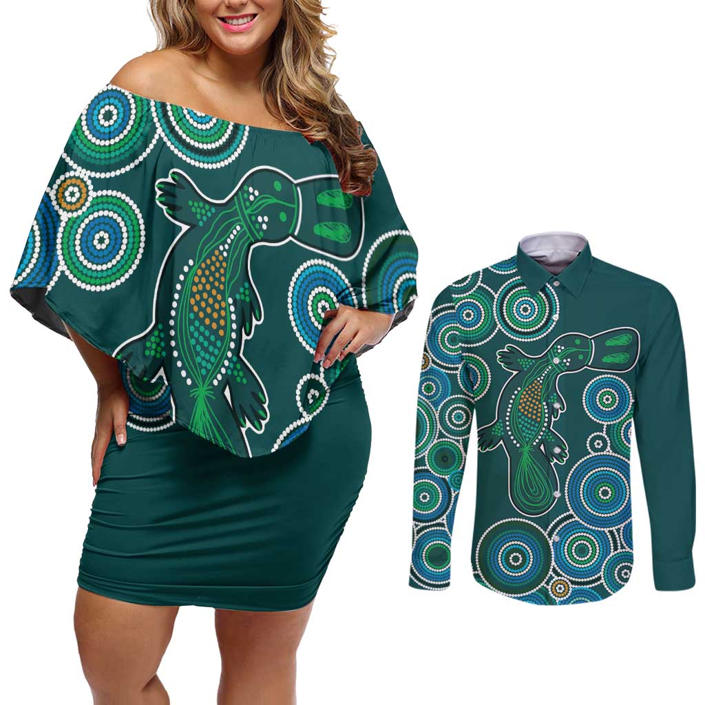 Green Platypus Aboriginal Art Couples Matching Off Shoulder Short Dress and Long Sleeve Button Shirt