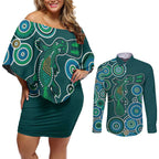 Green Platypus Aboriginal Art Couples Matching Off Shoulder Short Dress and Long Sleeve Button Shirt