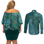 Green Platypus Aboriginal Art Couples Matching Off Shoulder Short Dress and Long Sleeve Button Shirt