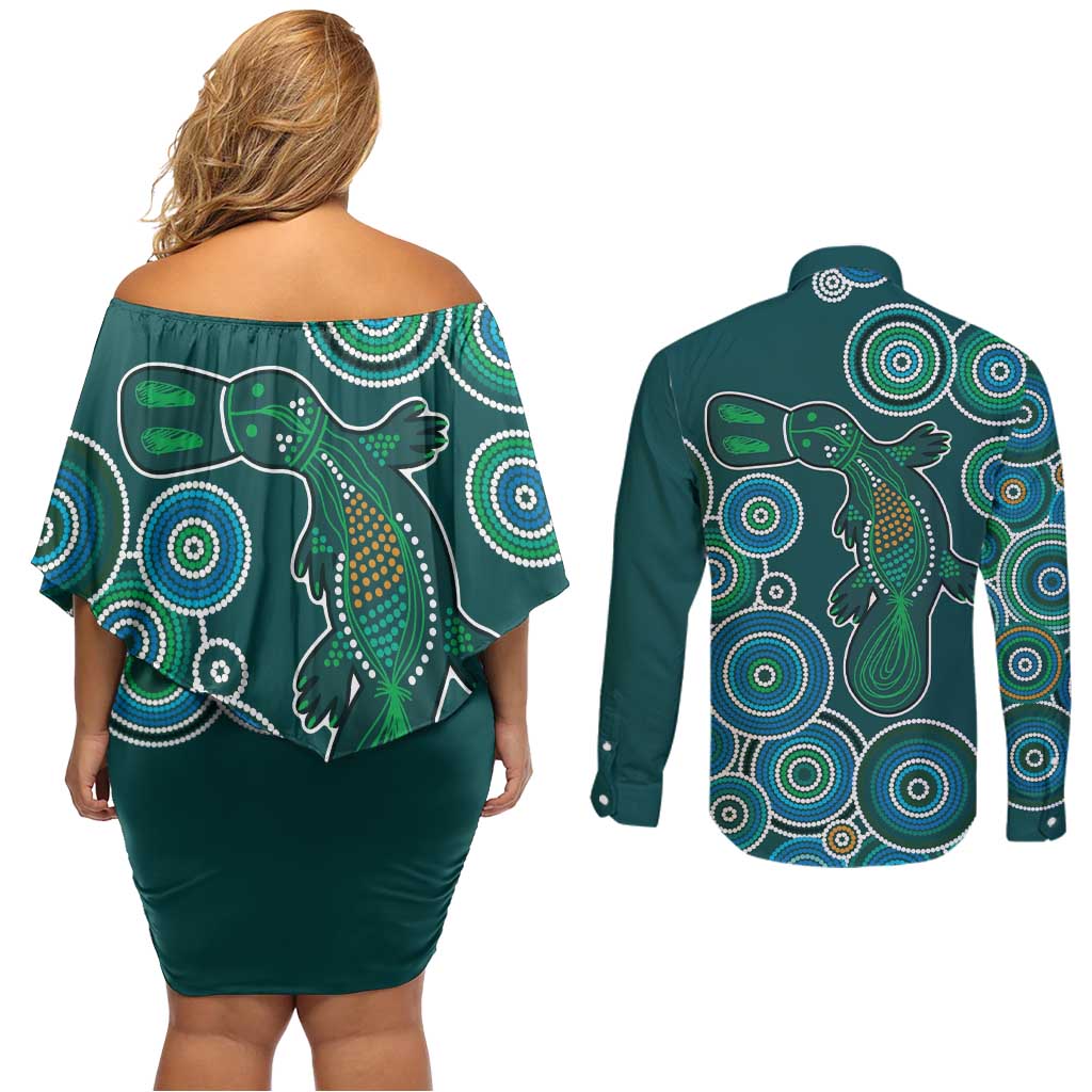 Green Platypus Aboriginal Art Couples Matching Off Shoulder Short Dress and Long Sleeve Button Shirt