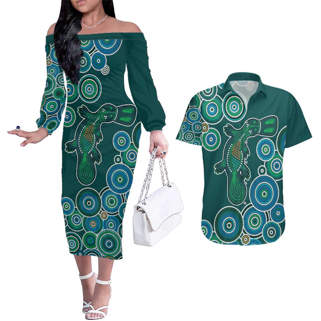 Green Platypus Aboriginal Art Couples Matching Off The Shoulder Long Sleeve Dress and Hawaiian Shirt