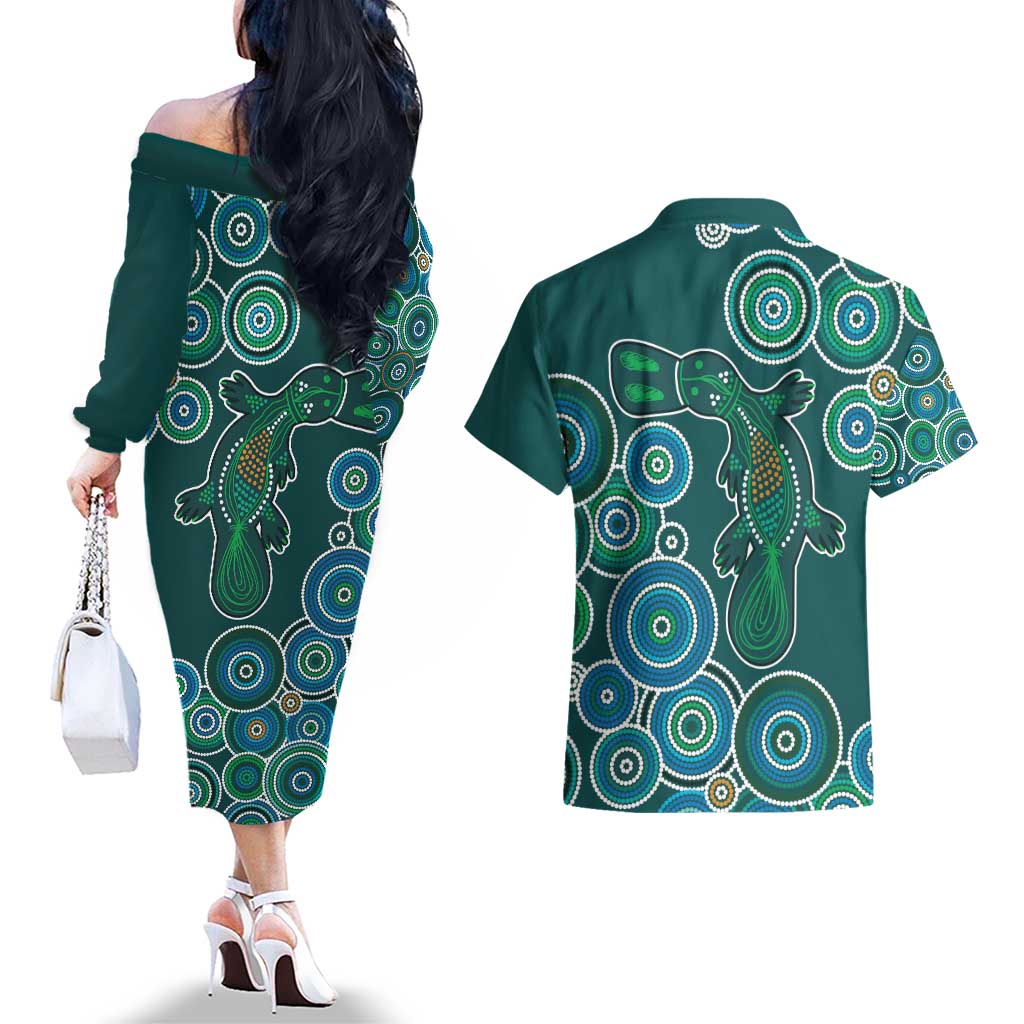 Green Platypus Aboriginal Art Couples Matching Off The Shoulder Long Sleeve Dress and Hawaiian Shirt