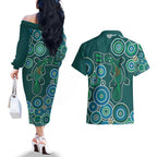 Green Platypus Aboriginal Art Couples Matching Off The Shoulder Long Sleeve Dress and Hawaiian Shirt