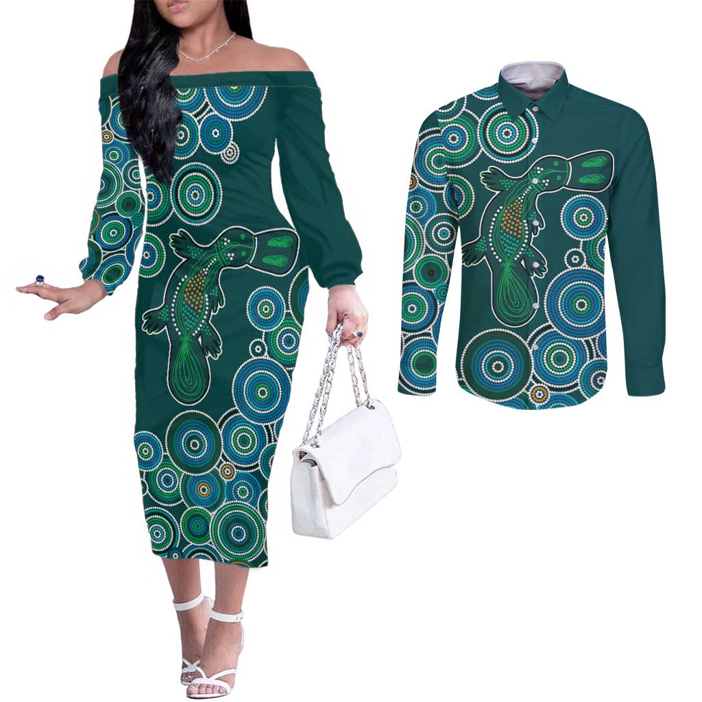 Green Platypus Aboriginal Art Couples Matching Off The Shoulder Long Sleeve Dress and Long Sleeve Button Shirt