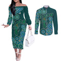 Green Platypus Aboriginal Art Couples Matching Off The Shoulder Long Sleeve Dress and Long Sleeve Button Shirt
