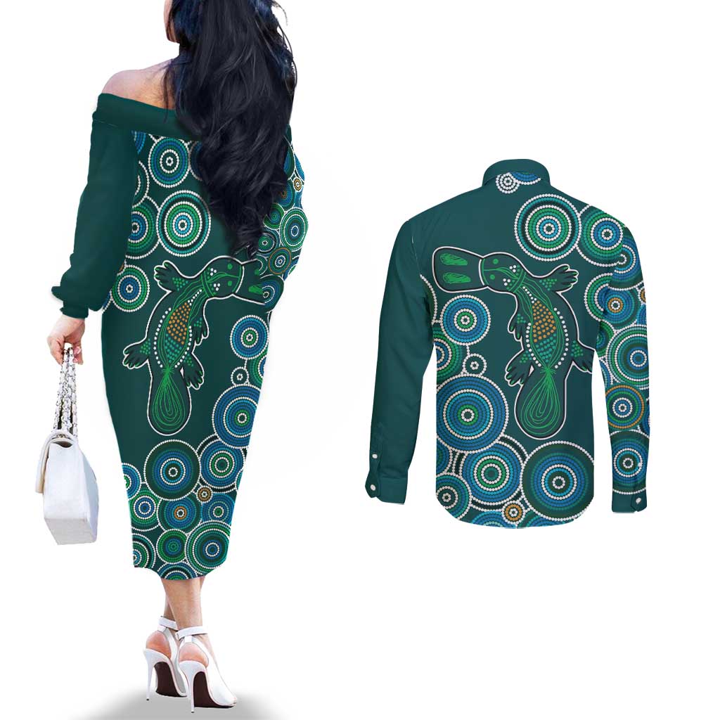 Green Platypus Aboriginal Art Couples Matching Off The Shoulder Long Sleeve Dress and Long Sleeve Button Shirt