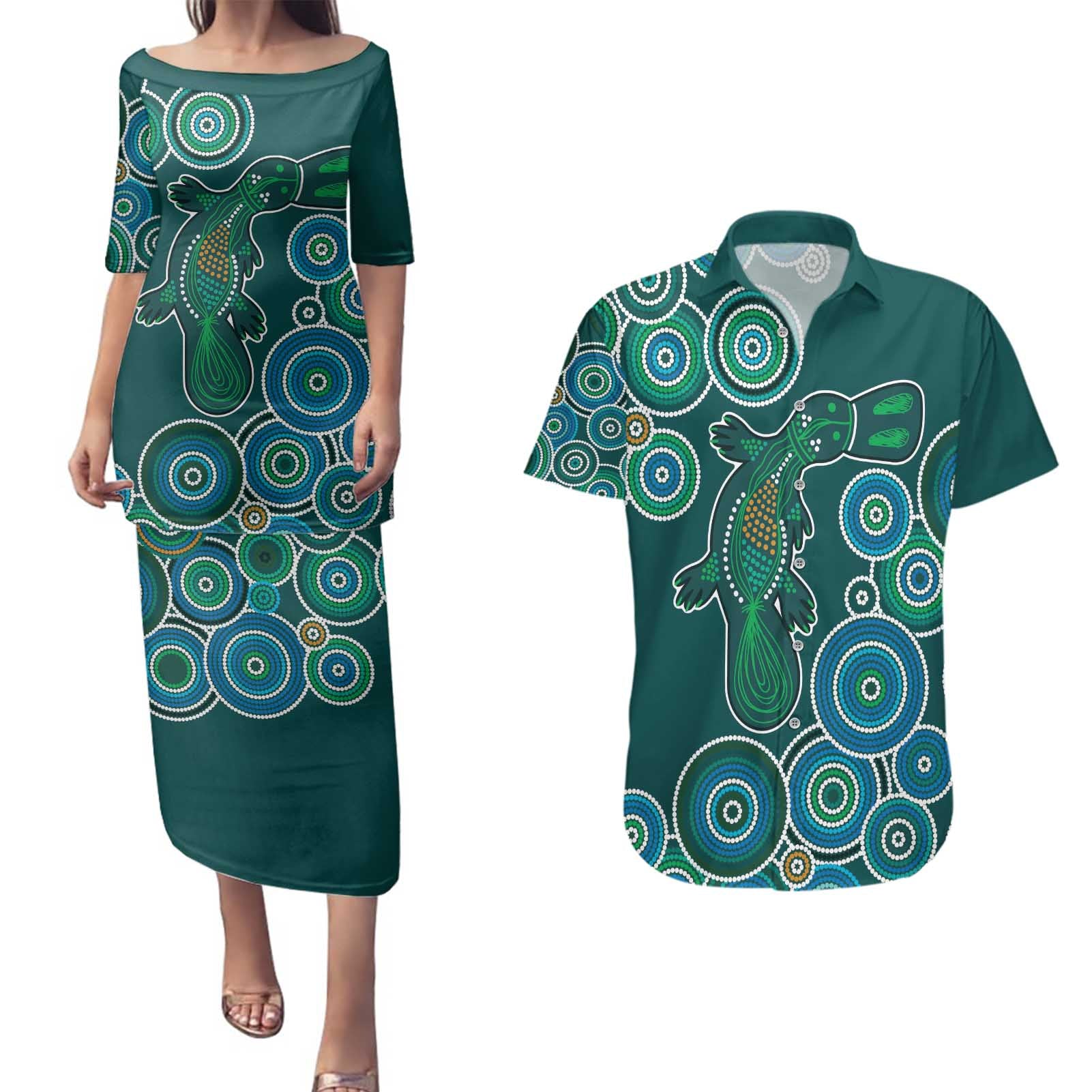 Green Platypus Aboriginal Art Couples Matching Puletasi and Hawaiian Shirt