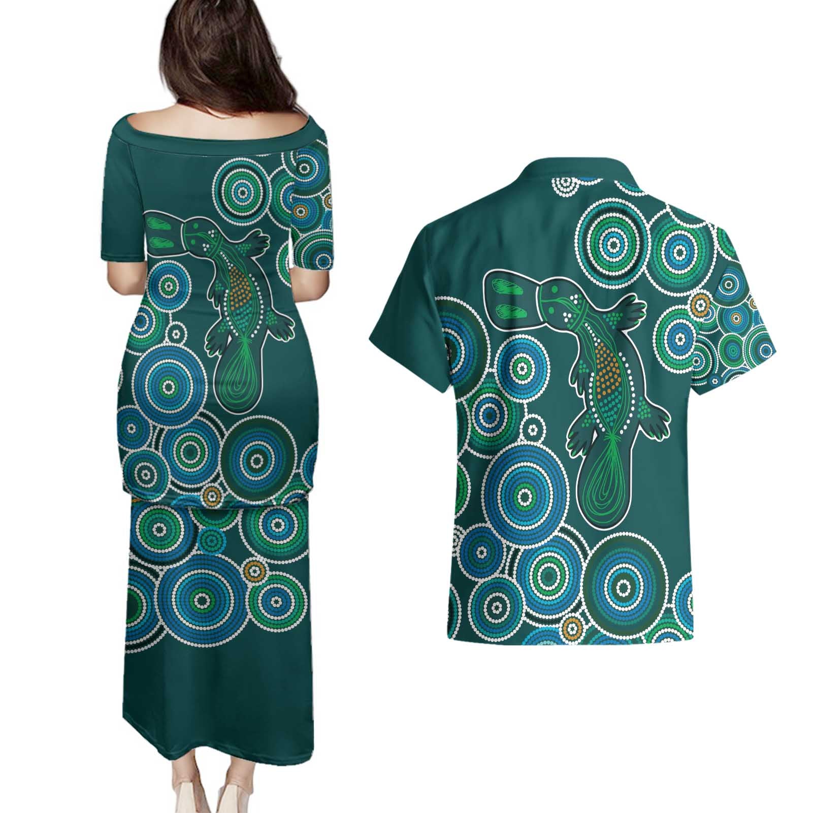 Green Platypus Aboriginal Art Couples Matching Puletasi and Hawaiian Shirt
