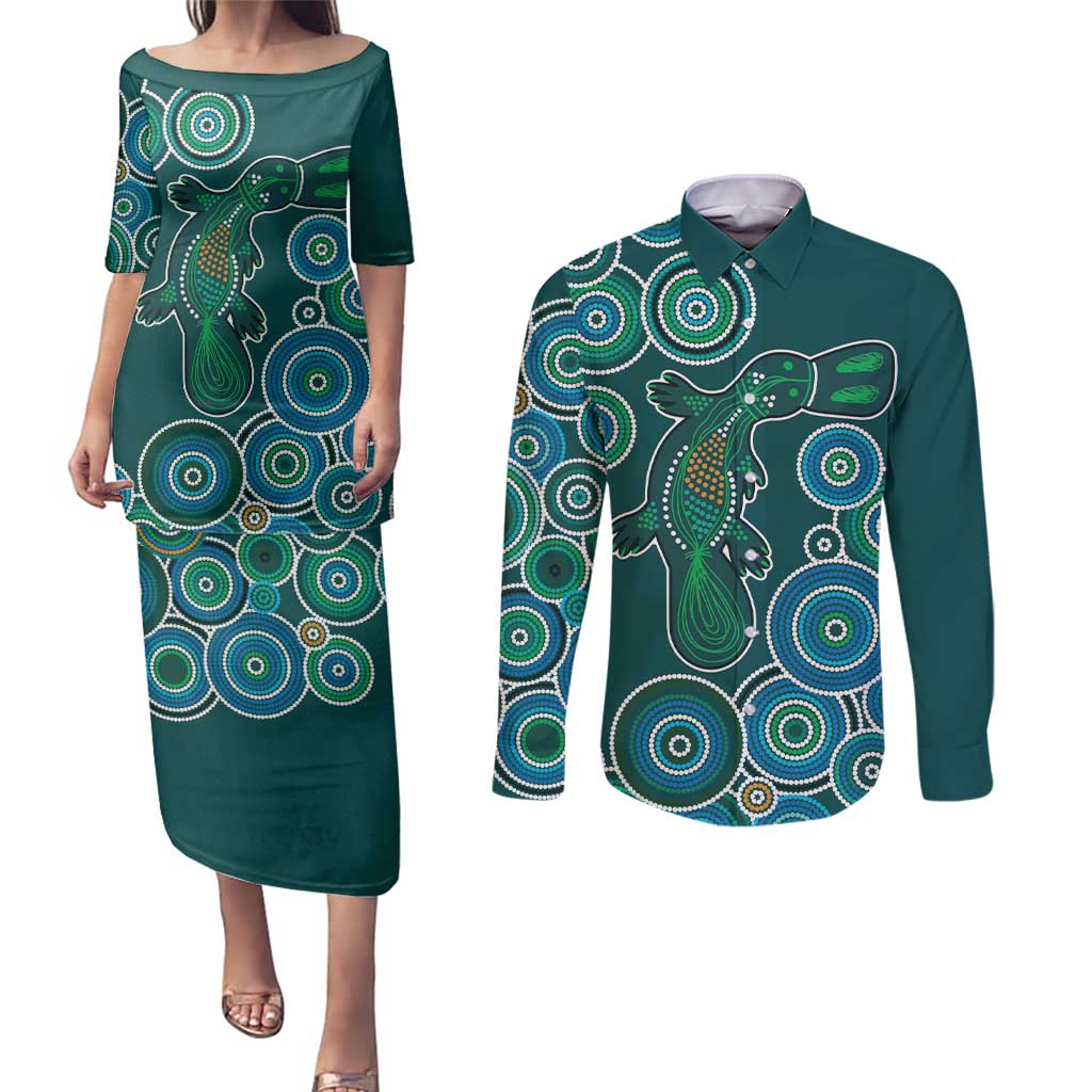Green Platypus Aboriginal Art Couples Matching Puletasi and Long Sleeve Button Shirt