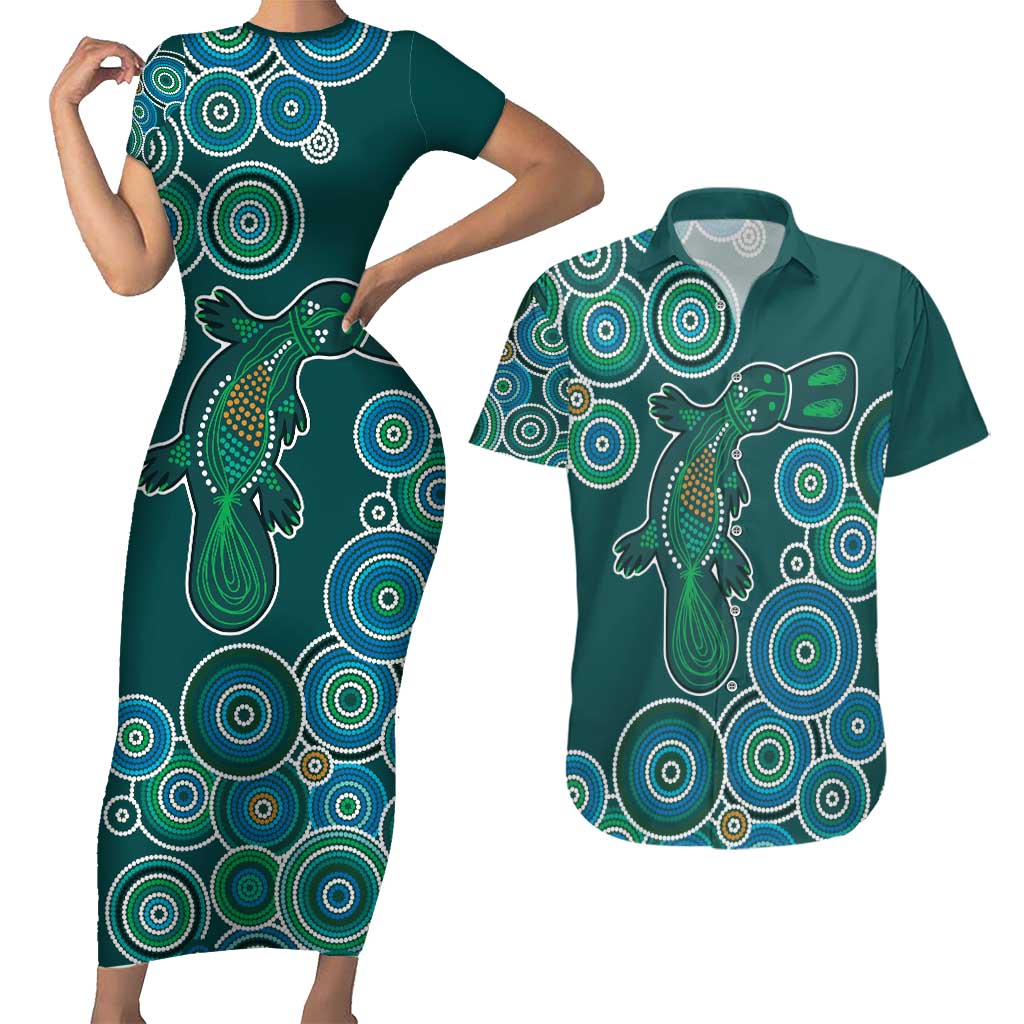 Green Platypus Aboriginal Art Couples Matching Short Sleeve Bodycon Dress and Hawaiian Shirt