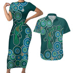 Green Platypus Aboriginal Art Couples Matching Short Sleeve Bodycon Dress and Hawaiian Shirt