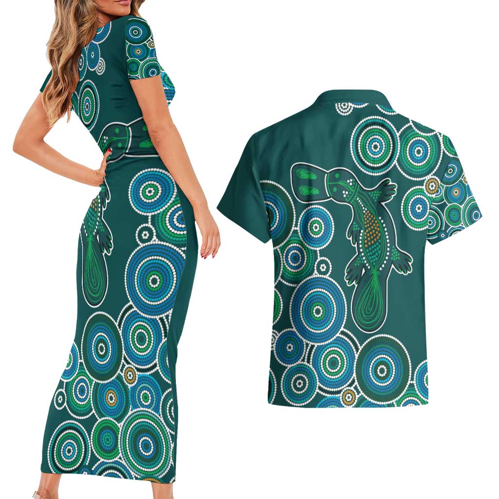 Green Platypus Aboriginal Art Couples Matching Short Sleeve Bodycon Dress and Hawaiian Shirt