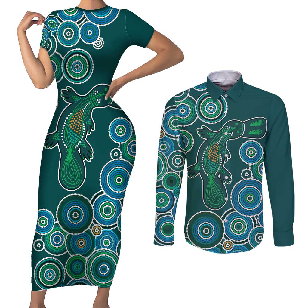 Green Platypus Aboriginal Art Couples Matching Short Sleeve Bodycon Dress and Long Sleeve Button Shirt