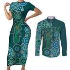 Green Platypus Aboriginal Art Couples Matching Short Sleeve Bodycon Dress and Long Sleeve Button Shirt
