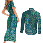 Green Platypus Aboriginal Art Couples Matching Short Sleeve Bodycon Dress and Long Sleeve Button Shirt