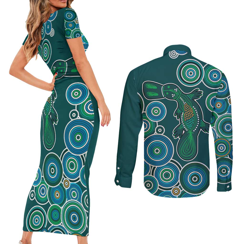 Green Platypus Aboriginal Art Couples Matching Short Sleeve Bodycon Dress and Long Sleeve Button Shirt
