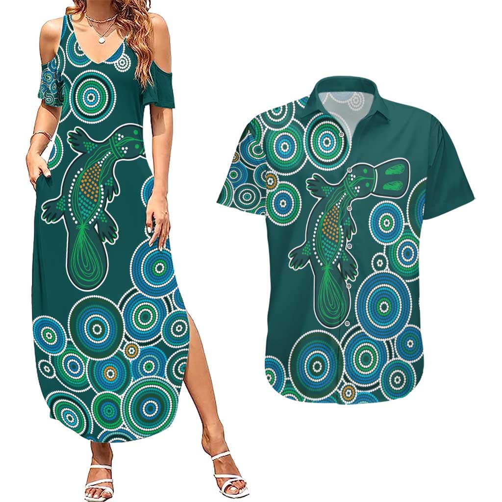 Green Platypus Aboriginal Art Couples Matching Summer Maxi Dress and Hawaiian Shirt